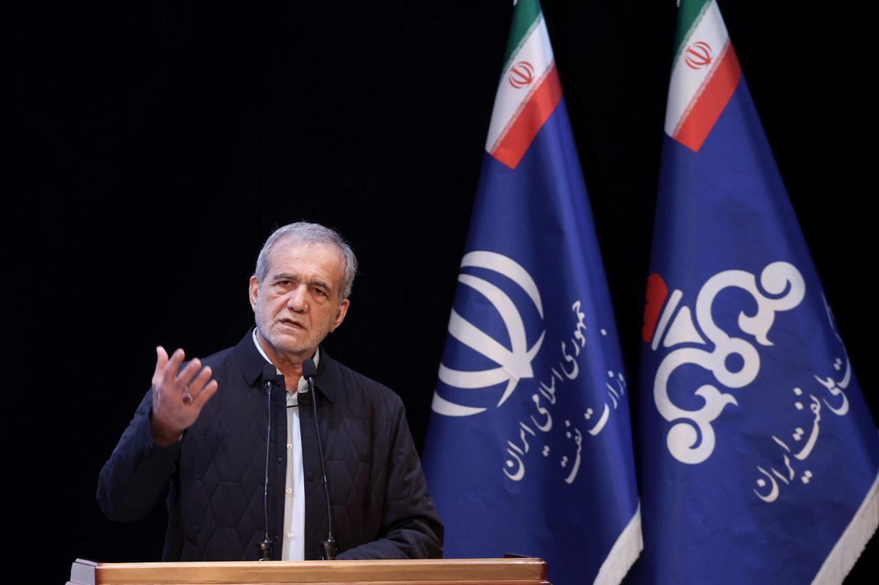 Iranian President Masoud Pezeshkian speaks during the signing ceremony of an energy investment project worth 17 billion dollars in the capital Tehran, Iran on March 08, 2025. (AA Photo)