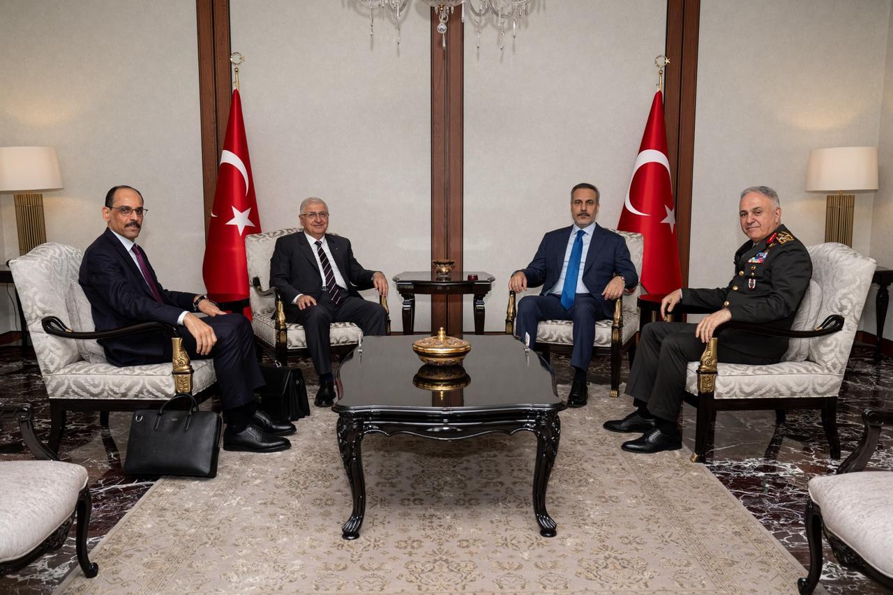 Minister of Foreign Affairs Hakan Fidan (2nd right), Minister of National Defense Yasar Guler (2nd left), Director of Turkish National Intelligence Ibrahim Kalin (left) and Chief of General Staff General Metin Gurak (right) meet at the Ministry of Foreign Affairs in Ankara, Türkiye on 13 June, 2025. (AA Photo)