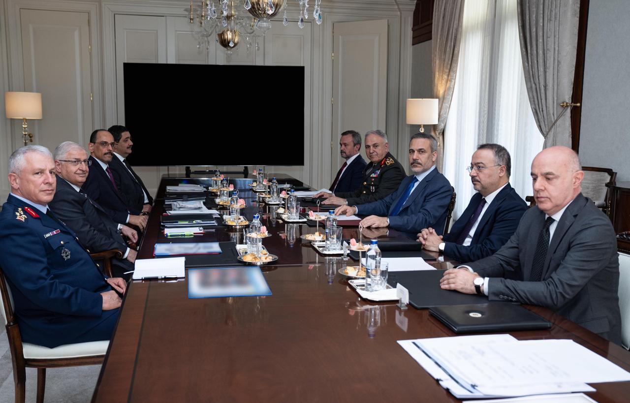 Minister of Foreign Affairs Hakan Fidan (right 3), Minister of National Defense Yasar Guler (left 2), Director of Turkish National Intelligence Ibrahim Kalin (left 3) and Chief of General Staff General Metin Gurak (right 4) met at the Ministry of Foreign Affairs on 13 June, 2025. (AA Photo)