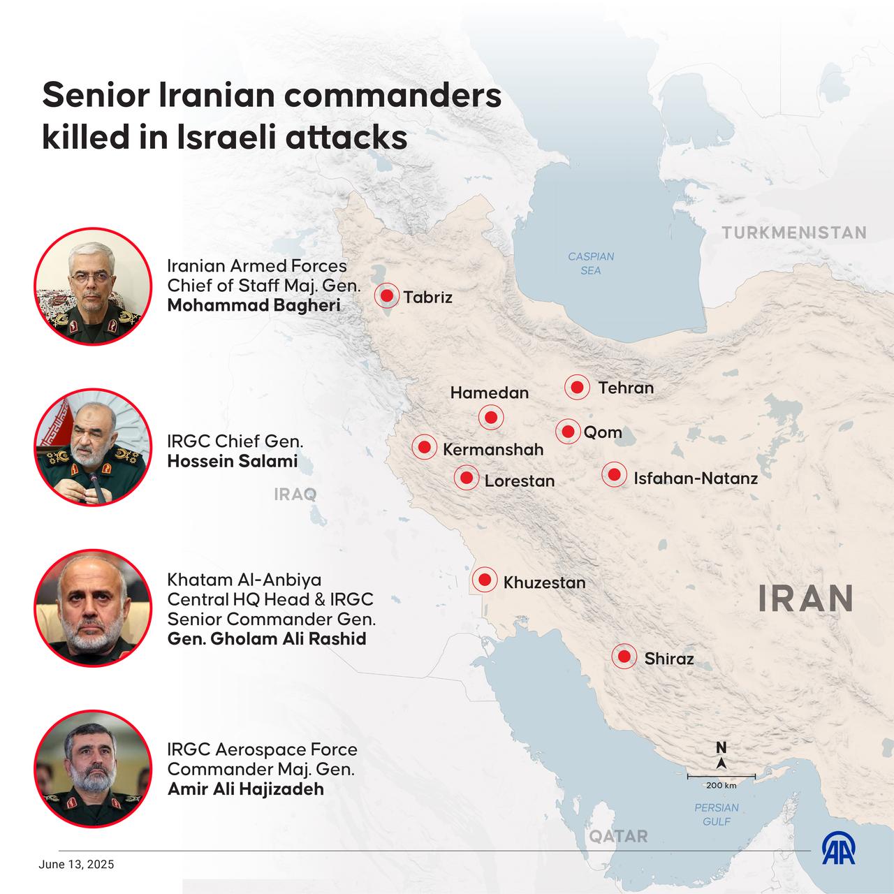 ANKARA, TURKIYE - JUNE 13: An infographic titled  Senior Iranian commanders killed in Israeli attacks  created in Ankara, Turkiye on June 13, 2025. ( Mehmet Yaren Boz?un - Anadolu Agency )