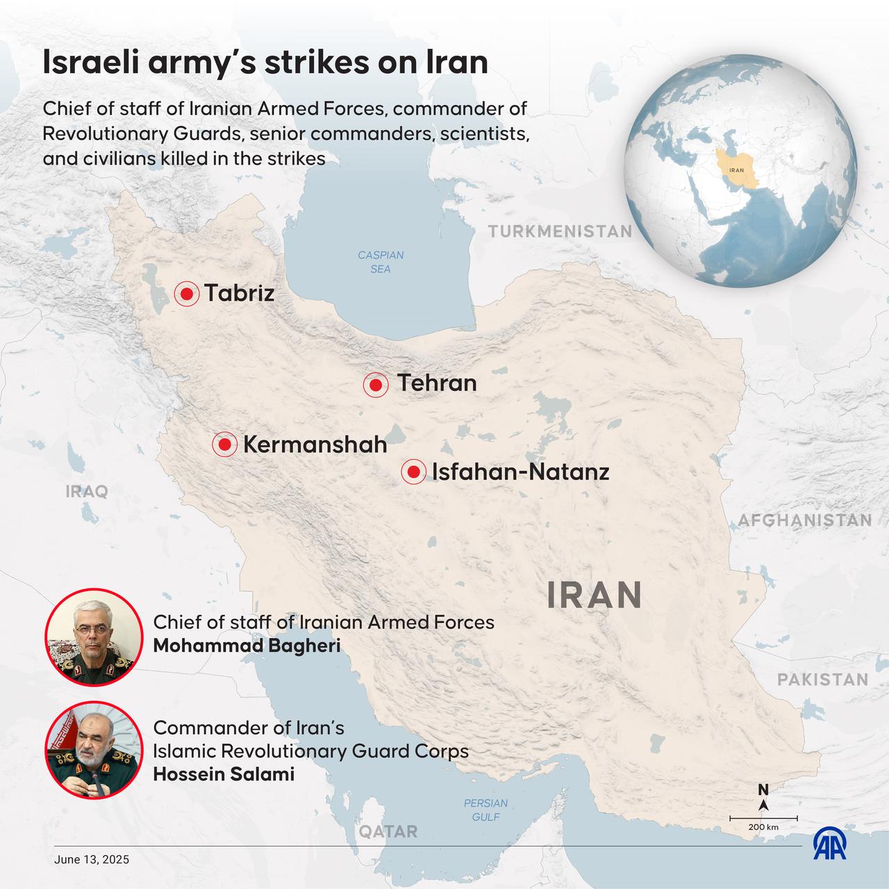 ISTANBUL, TURKIYE - JUNE 13: An infographic titled  Israeli army’s strikes on Iran  created in Istanbul, Turkiye on June 13, 2025. Chief of staff of Iranian Armed Forces, commander of Revolutionary Guards, senior commanders, scientists, and civilians killed in the strikes. ( Muhammed Ali Yi?it - Anadolu Agency )