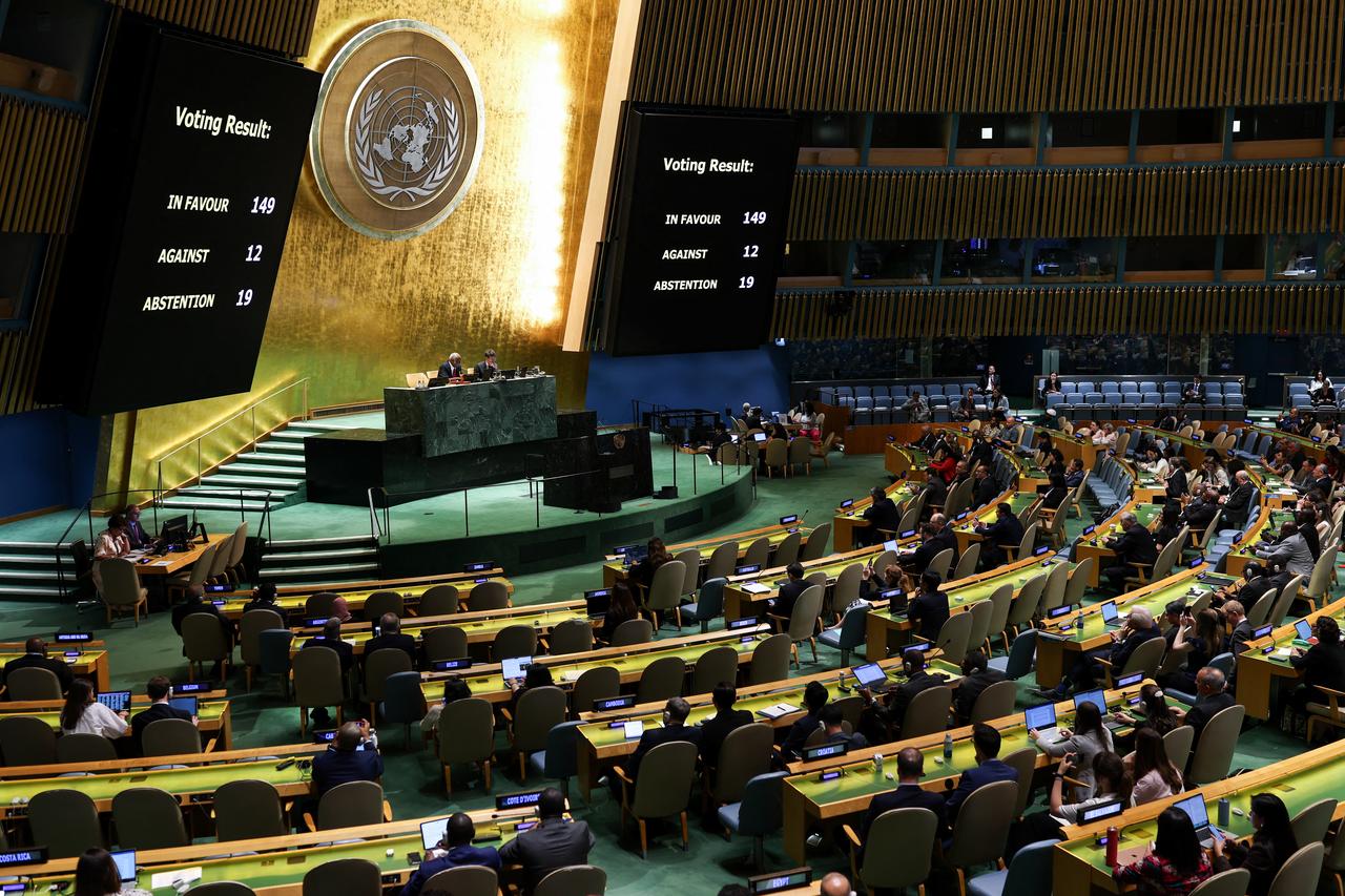 The final vote tally is displayed on a screen after the UN General Assmebly voted on and adopted a draft resolution calling for an immediate ceasefire in Gaza and urged  all necessary measures  to pressure Israel into ending the conflict, at UN Headquarters in New York City, U.S. on June 12, 2025. (AFP Photo)