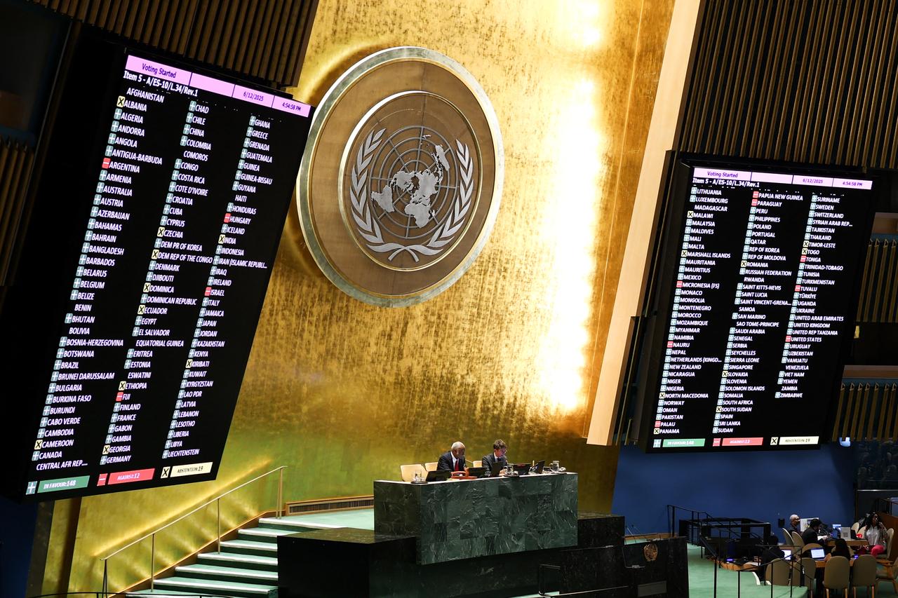 The final vote tally is displayed on a screen after the UN General Assmebly voted on and adopted a draft resolution calling for an immediate ceasefire in Gaza and urged "all necessary measures" to pressure Israel into ending the conflict, at UN Headquarters in New York City, U.S. on June 12, 2025. (AFP Photo)