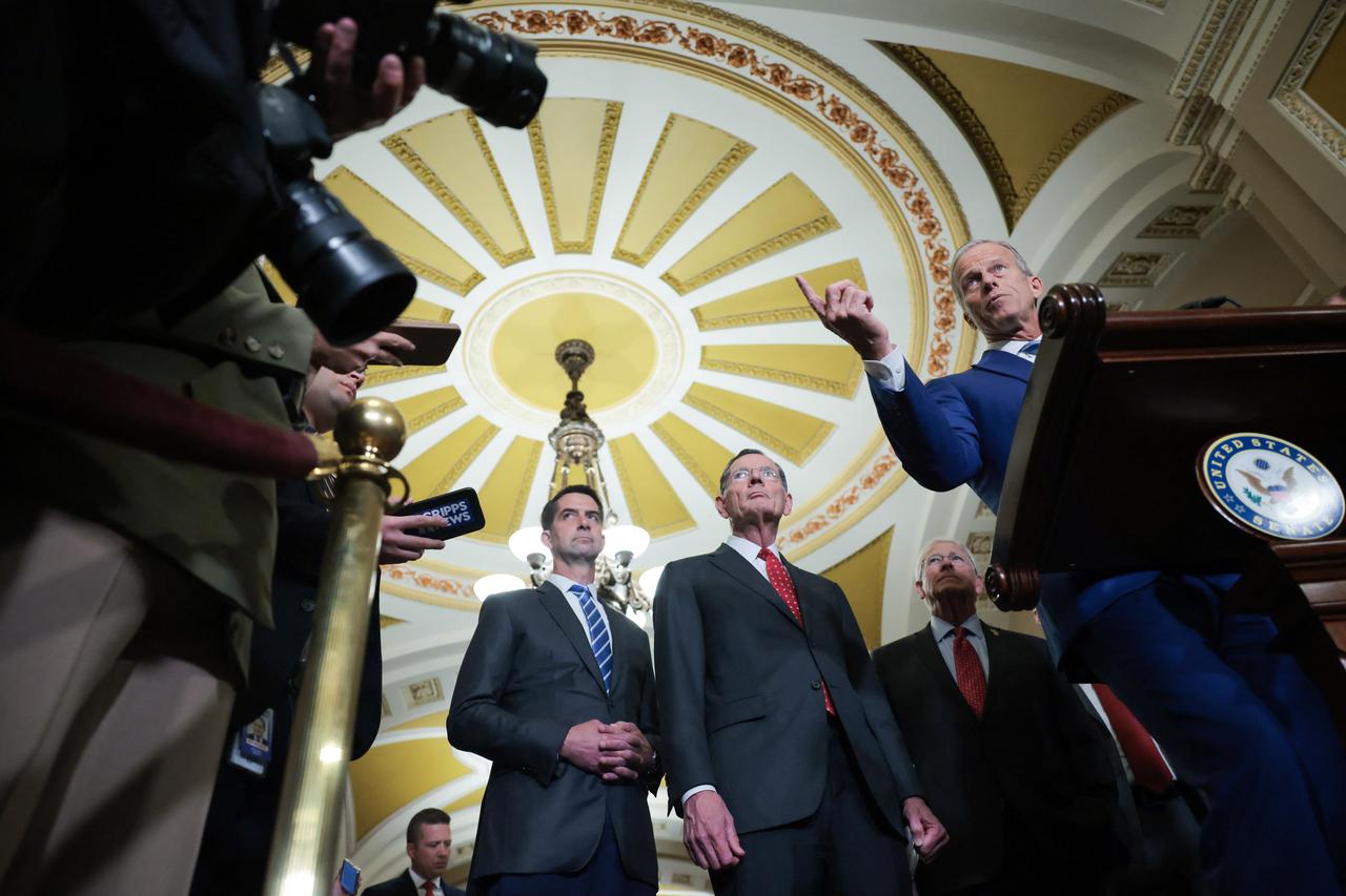 U.S. Sen. Tom Cotton (R-AR), Sen. John Barrasso (R-WY), and Sen. Roger Wicker (R-MS) listen to Senate Majority Leader John Thune (R-SD) speak during a press conference following the weekly Republican policy luncheon at the U.S. Capitol Building in Washington, DC on June 10, 2025. (AFP Photo)