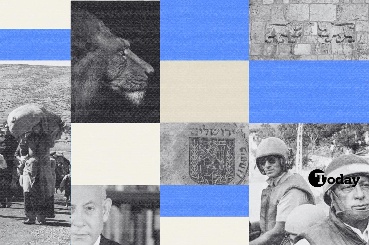 Photo collage of images of Israels occupation and political figures and images of lions, June 13, 2025. (Photo collage by Türkiye Today team)