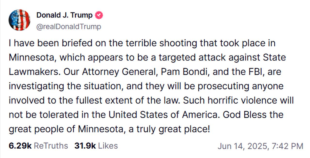 Screenshot of a post from Trump’s Truth Social account, June 14, 2025. (@realDonaldTrump via Truth Social)