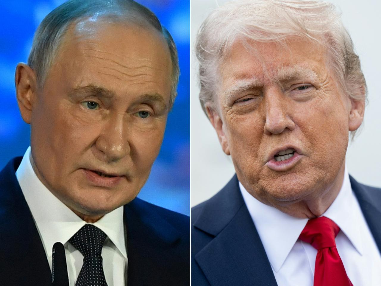 (COMBO) This combination of pictures created on April 24, 2025 shows, Russian President Vladimir Putin (L) speaking in Murmansk on March 27, 2025 and US President Donald Trump outside the White House in Washington, DC, on April 23, 2025.  (AFP Photo)
