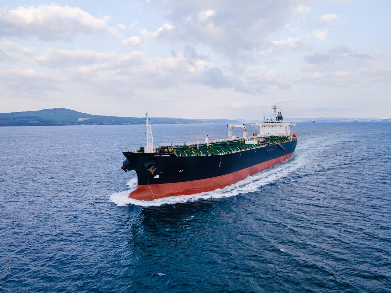 Aerial view of huge crude oil tanker ship cruising in Dardanelles Strait, concept worldwide logistic and global trade