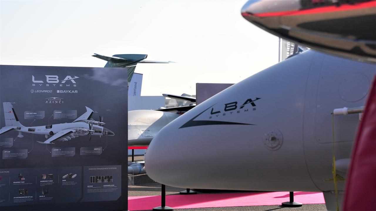 Bayraktar Akinci UCAV is displayed during the 55th International Paris Air Show at Le Bourget Airport, north of Paris, France on June 16, 2025. (Baykar / Handout)