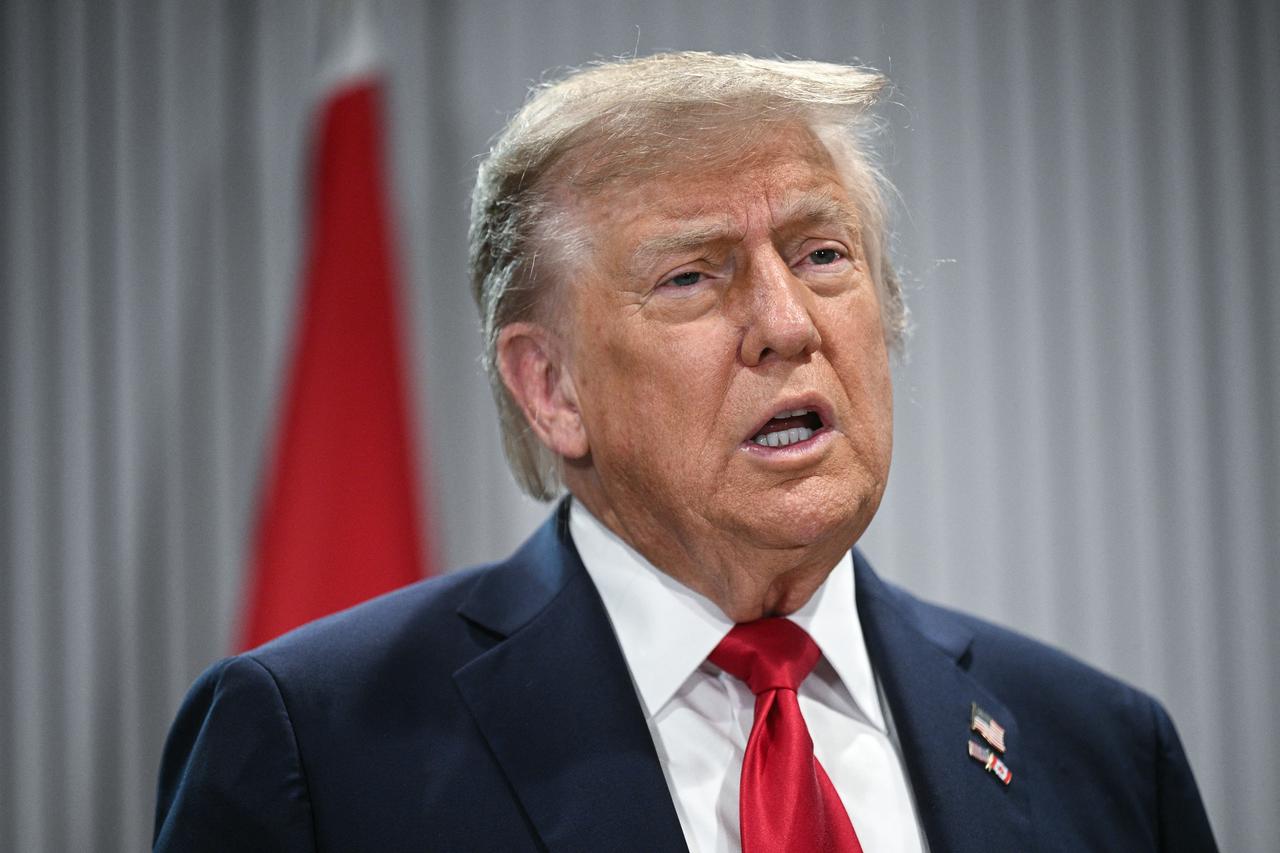 US President Donald Trump speaks to the press as he meets Canadian Prime Minister Mark Carney during the Group of Seven (G7) Summit at the Pomeroy Kananaskis Mountain Lodge in Kananaskis, Alberta, Canada on June 16, 2025. (AFP Photo)
