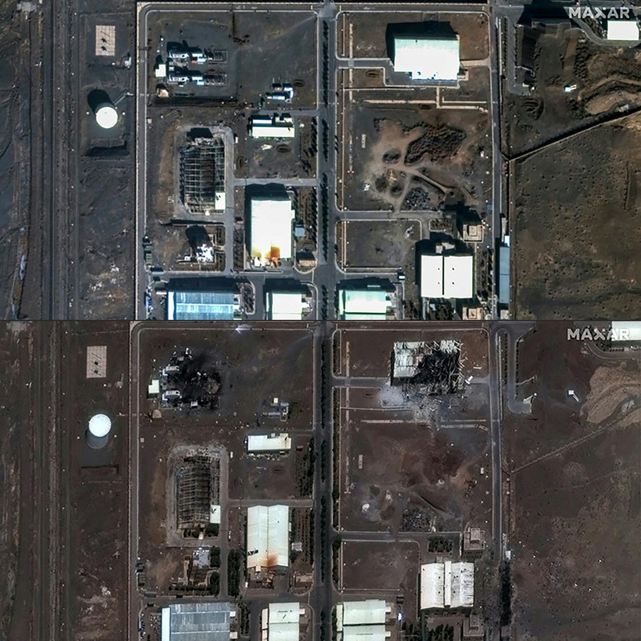 This combination of pictures created on June 14, 2025, shows a handout satellite image provided by Maxar Technologies and taken on June 14, 2025, of a closeup view the Natanz nuclear facilities (Shahid Ahmadi Roshan Nuclear Facilities) near Ahmadabad in Iran, before an Israeli strike (top) and another closeup view taken on June 14, 2025, after an Israeli strike. (Photo by Stephen A. Wood / Satellite image ©2021 Maxar Technologies / AFP)