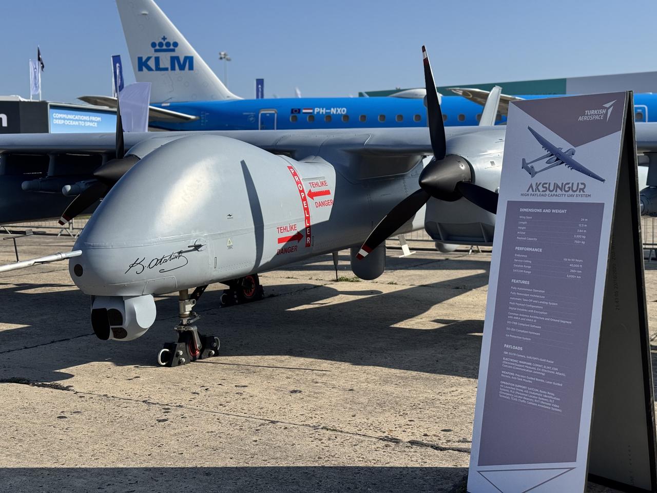 TAI Aksungur UAV is displayed during the 55th International Paris Air Show at Le Bourget Airport, north of Paris, France on June 16, 2025. (AA Photo)