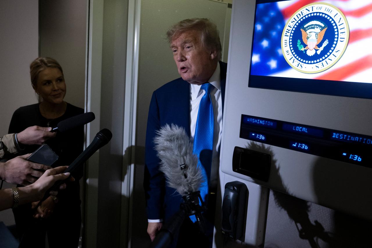 US President Donald Trump speaks to reporters about the G7 Summit aboard Air Force One while travelling back to Washington from Canada on June 16, 2025. (AFP Photo)