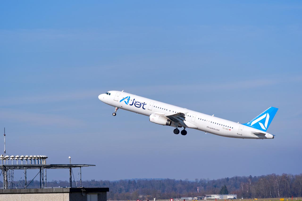 An AJet Airbus A321-200 passenger aircraft takes off from Zurich Kloten Airport in Switzerland, on March 4, 2025. (Adobe Stock Photo)