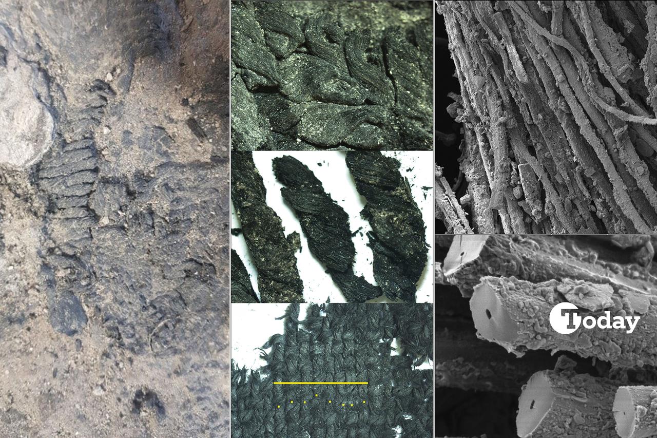 Collage of excavation and laboratory images: Tx1 in situ at Beycesultan (L), optical microscope views of Tx1 (C) and Tx2 (C), and SEM images of Tx2 showing longitudinal fibre structure (R-top) and cross-section (R-bottom). (Photo collage by Türkiye Today team) 