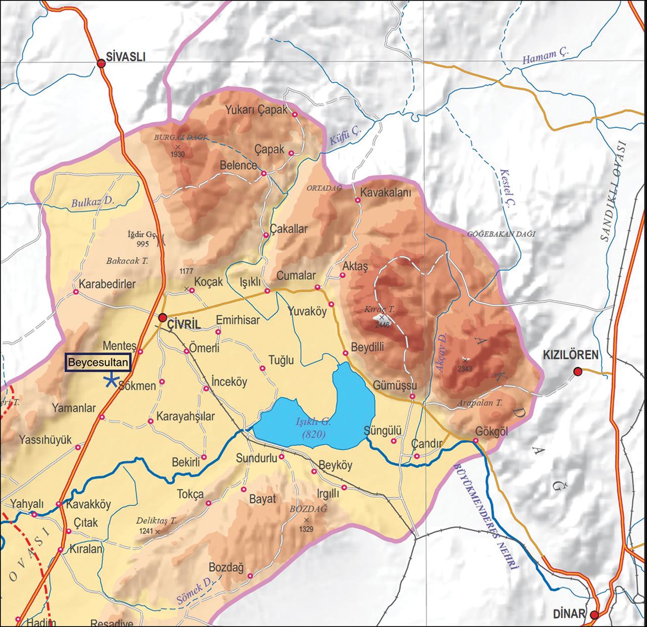 Map showing the location of Beycesultan Mound in Denizli, Türkiye, Feb., 2025. (Mapping via harita.gov.tr and Antiquity)