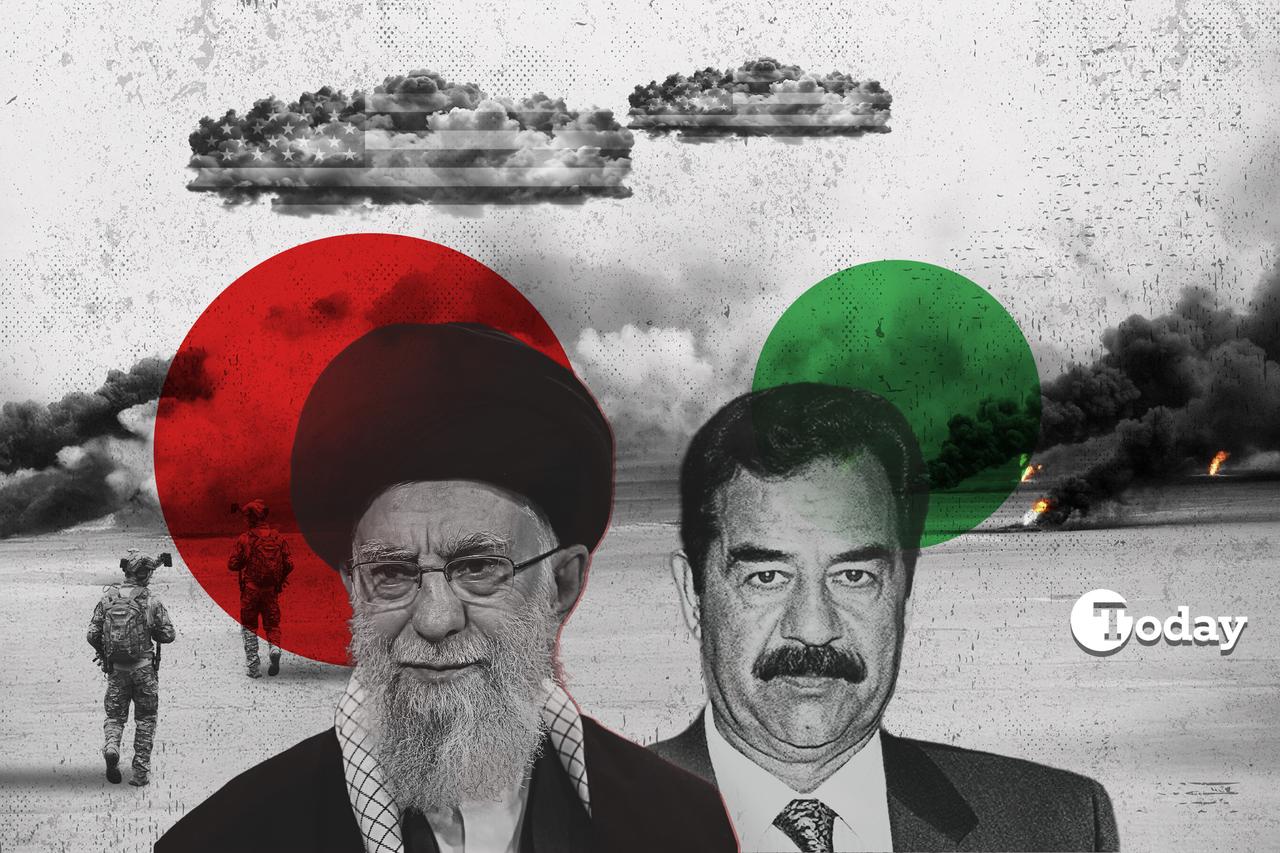 Irans Supreme Leader Ali Khamenei and Iraqs former leader Saddam Hussein in the foreground, with images of the US invasion of Iraq in the background. (Türkiye Today)