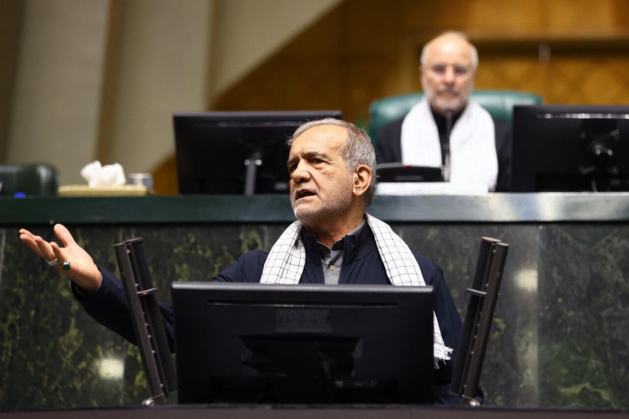 Iranian President Masoud Pezeshkian makes a speech during a session held at the Islamic Consultative Assembly in Tehran, Iran on June 16, 2025. (Iranian Presidency - Anadolu Agency)