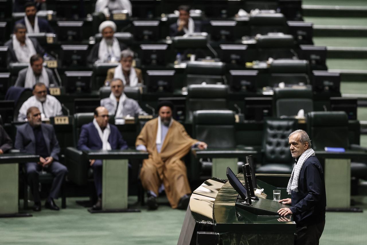 Iranian President Masoud Pezeshkian makes a speech during a session held at the Islamic Consultative Assembly in Tehran, Iran on June 16, 2025. (Iranian Presidency - Anadolu Agency)
