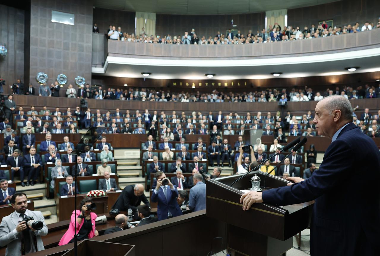 President and Leader of the Justice and Development (AK) Party Recep Tayyip Erdogan delivers a speech during his partys parliamentary group meeting in Ankara, Turkiye on June 18, 2025. (TUR Presidency/Murat Kula - Anadolu Agency)
