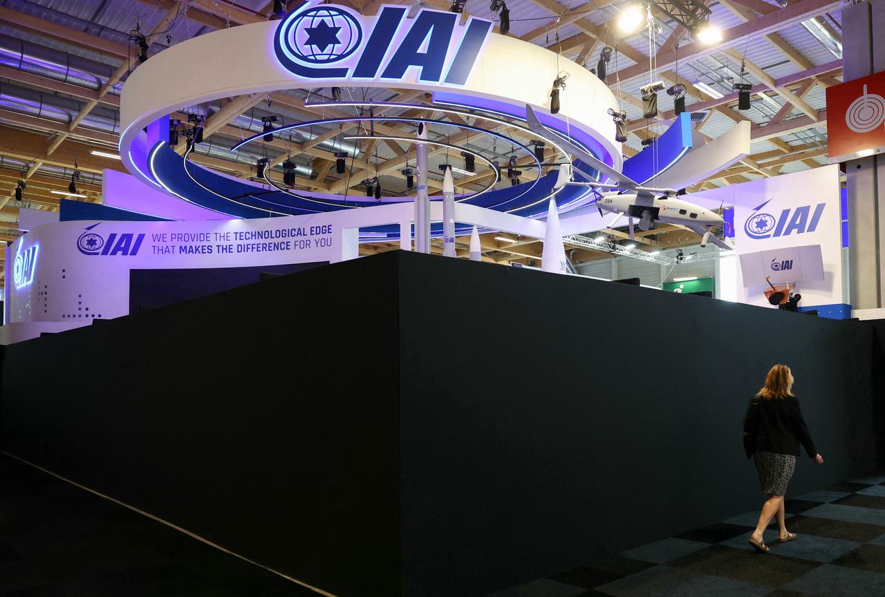An attendee walks past the closed Israel Aerospace Industries (IAI) Israeli Pavillon during the 55th edition of the International Paris Air Show at the Paris–Le Bourget Airport, in Le Bourget, suburb of Paris on June 16, 2025. (AFP Photo)