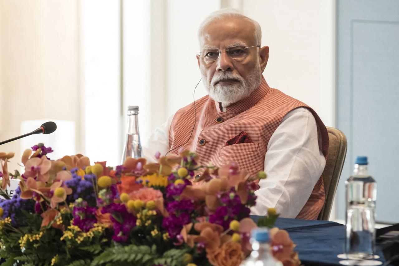 Indian Prime Minister Narendra Modi participates in a business forum held in Limassol on June 15, 2025. (AFP Photo)
