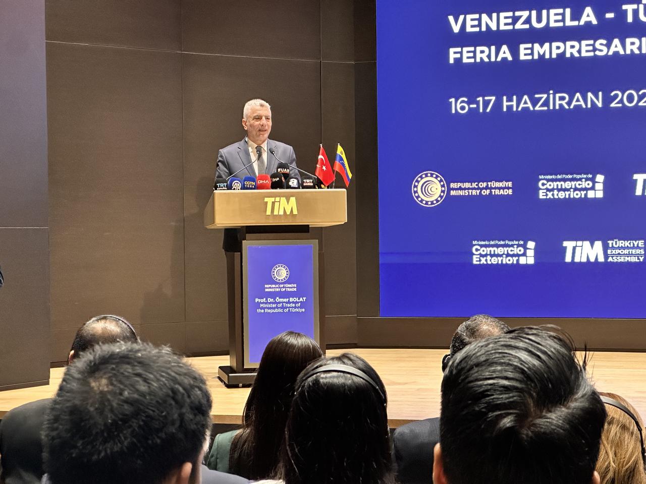 Türkiye's Trade Minister Omer Bolat delivers remarks at the opening of the Venezuela-Türkiye Business Fair held in Istanbul, Türkiye on June 16, 2025. (IHA Photo)