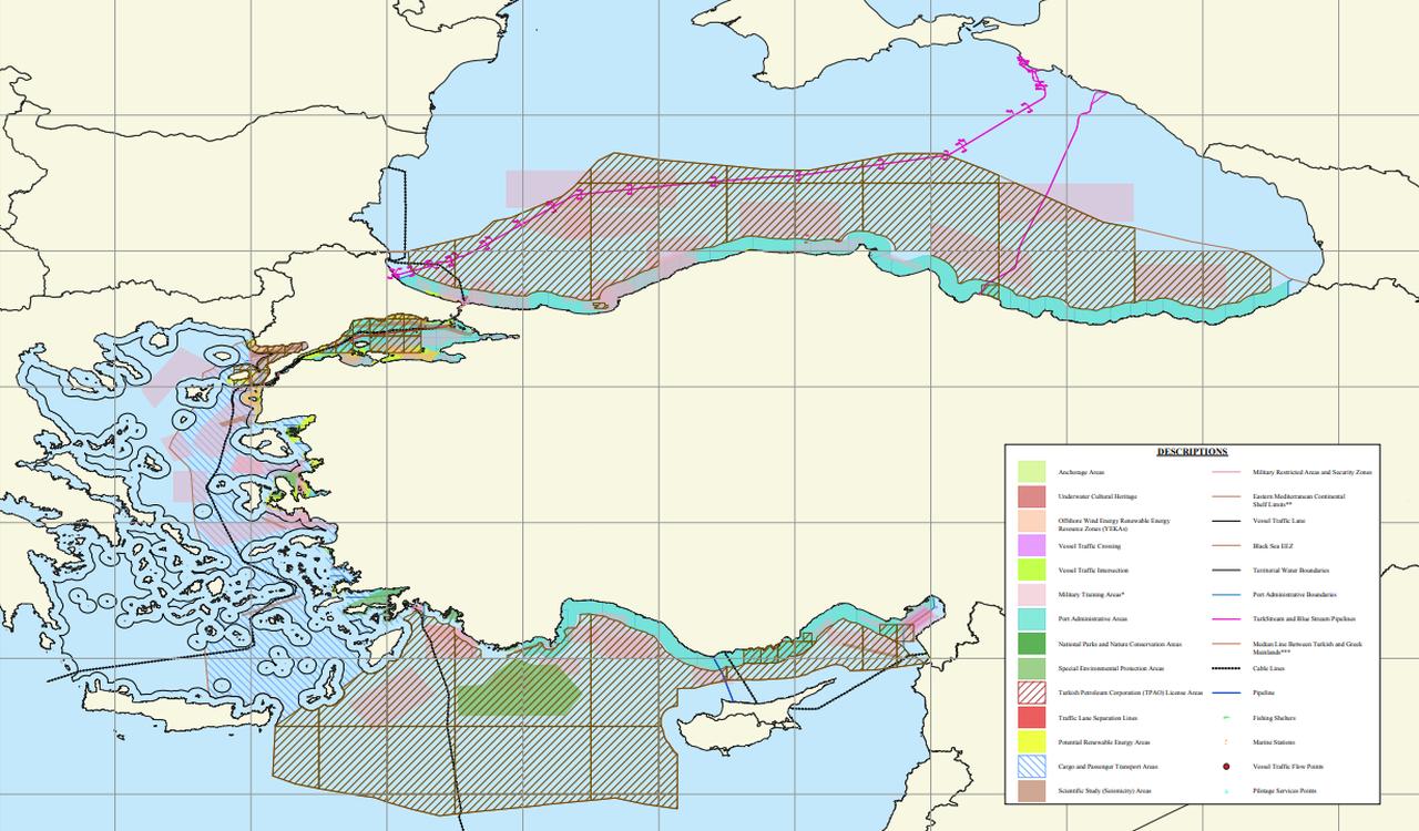 Final-stage marine spatial planning map of Türkiye, developed with contributions from relevant institutions to safeguard national maritime interests, assess environmental impacts, and optimize the sustainable use of marine areas. (Mapping via Ankara University)