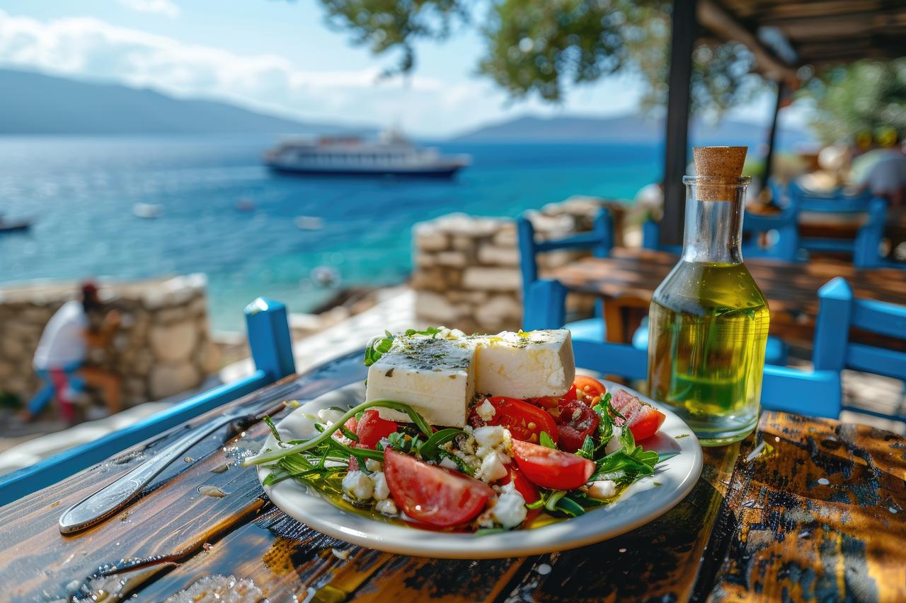 Greek salad with feta cheese and olive oil on plate. (Adobe Stock Photo)