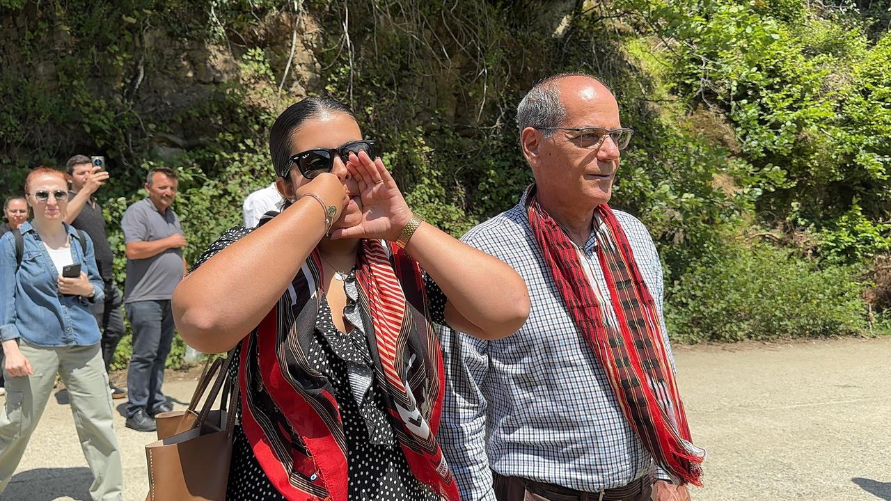 Spanish whistle language users Jose Molina Gonzalez (right) and Carmen Castilla Padilla (left) from the Canary Islands, Spain, visited Kuskoey village in Canakci district of Giresun, where the whistle language is also spoken, June 18, 2025. (AA Photo)