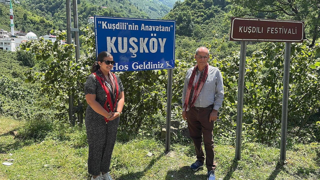 Spanish whistle language users Jose Molina Gonzalez (R) and Carmen Castilla Padilla (L) from the Canary Islands, Spain, visited Kuskoy village in Canakci district of Giresun, where the whistle language is also spoken, June 18, 2025. (AA Photo)