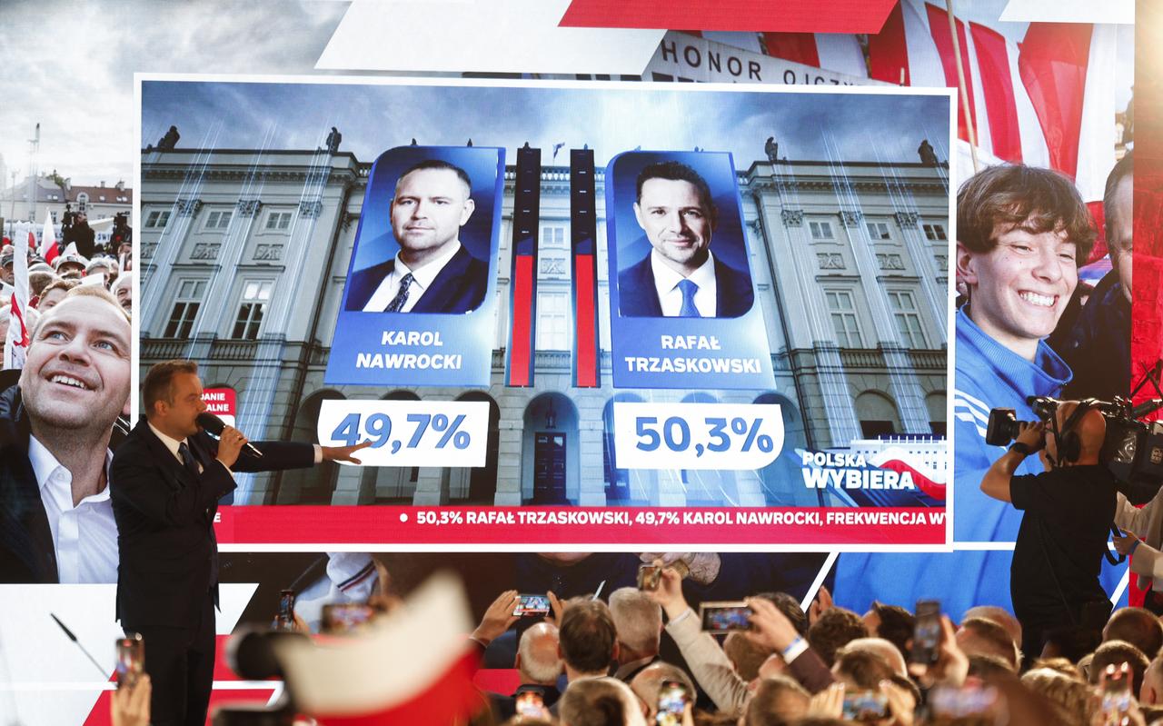 Preliminary results are displayed during the election night event showing the percentage of votes for presidential candidates, Karol Nawrocki (L) supported by Poland's right-wing Law and Justice (PiS) party, and Rafal Trzaskowski, Warsaw's Mayor and member of ruling centrist Civic Coalition party, at the Mala Warszawa Theatre in Warsaw, Poland on June 1, 2025. (AFP Photo)