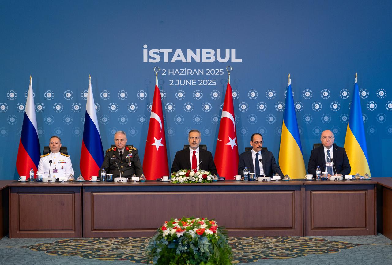 Foreign Minister Hakan Fidan (center) chairs the trilateral meeting between Türkiye, Russia, and Ukraine delegations in Istanbul on June 2, 2025. (AA Photo)