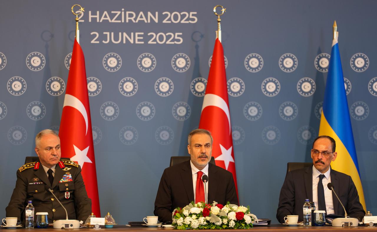 Turkish Foreign Minister Hakan Fidan speaks at Türkiye-Russia-Ukraine Trilateral Meeting in Istanbul, Türkiye on June 02, 2025. (AA Photo)
