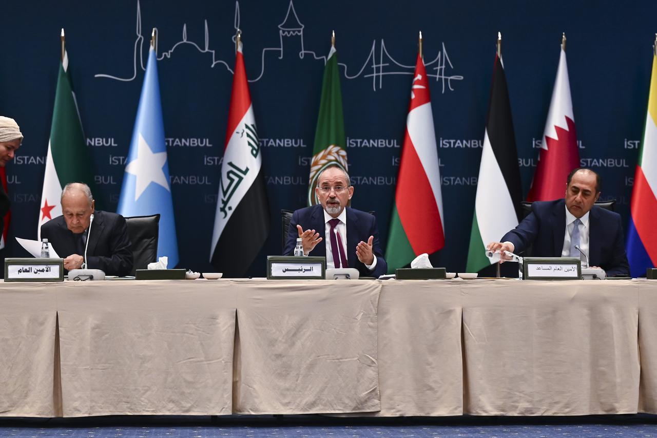 Jordanian Foreign Minister Ayman Safadi (C), Arab League Secretary-General Ahmed Aboul Gheit (L), and Arab League Deputy Secretary-General Hossam Zaki (R) attend an extraordinary meeting of Arab League foreign ministers in Istanbul, Türkiye, on June 20, 2025. (AA Photo)
