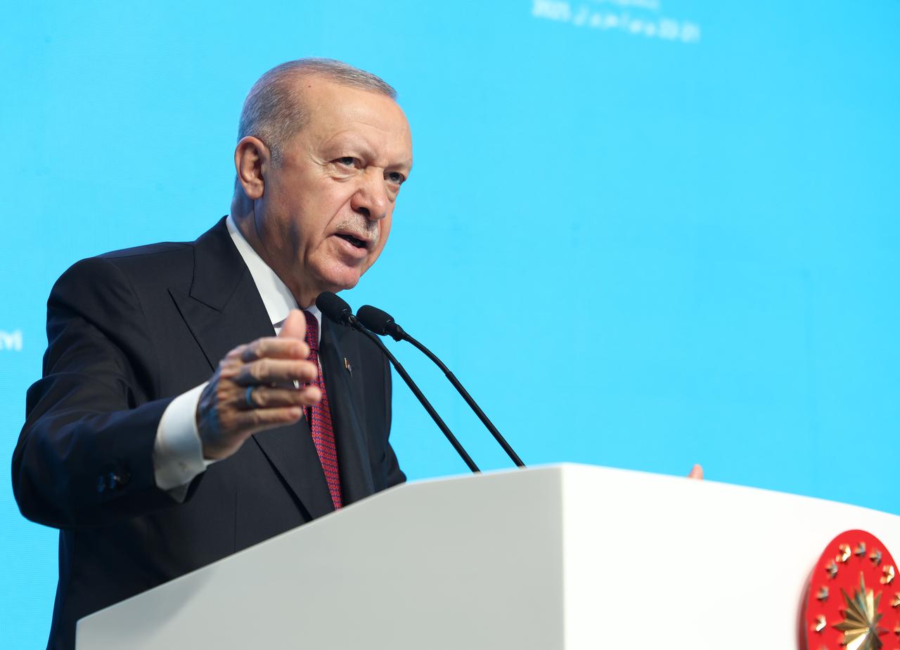 President Recep Tayyip Erdogan makes a speech during the 51st Meeting of the Council of Foreign Ministers of the Organization of Islamic Cooperation (OIC), which is convened under the theme, “The OIC in a Transforming World” at Lutfi Kirdar International Convention and Exhibition Center in Istanbul, Türkiye, on June 21, 2025. (Turkish Presidency / AA Photo)