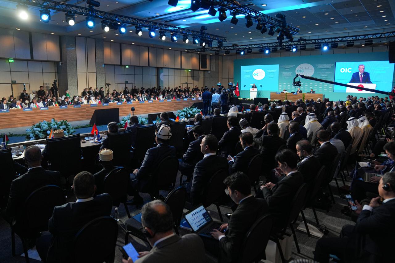 Audience watches while President Recep Tayyip Erdogan makes a speech during the 51st Meeting of the Council of Foreign Ministers of the Organization of Islamic Cooperation (OIC), which is convened under the theme, “The OIC in a Transforming World” at Lutfi Kirdar International Convention and Exhibition Center in Istanbul, Türkiye, on June 21, 2025. (AA Photo)