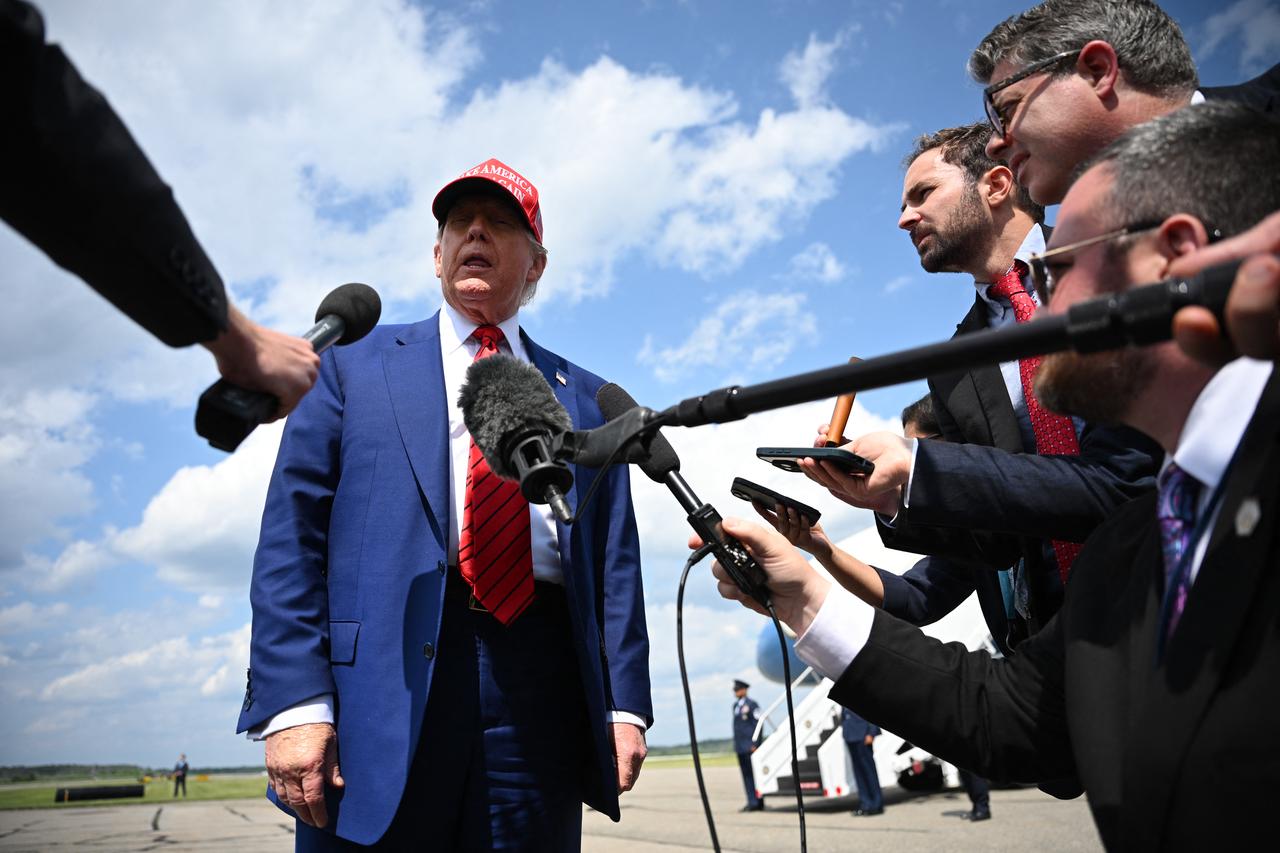 US President Donald Trump speaks to the press upon arrival at Morristown Municipal Airport in Morristown, New Jersey, on June 20, 2025. (AFP Photo)