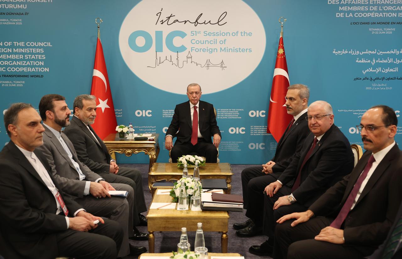President Recep Tayyip Erdogan meets with the Iranian FM, Abbas Araghchi within the 51st Meeting of the Council of Foreign Ministers of the Organization of Islamic Cooperation (OIC), which is convened under the theme, “The OIC in a Transforming World” at Lutfi Kirdar International Convention and Exhibition Center in Istanbul, Türkiye, on June 21, 2025. (Turkish Presidency / AA Photo)