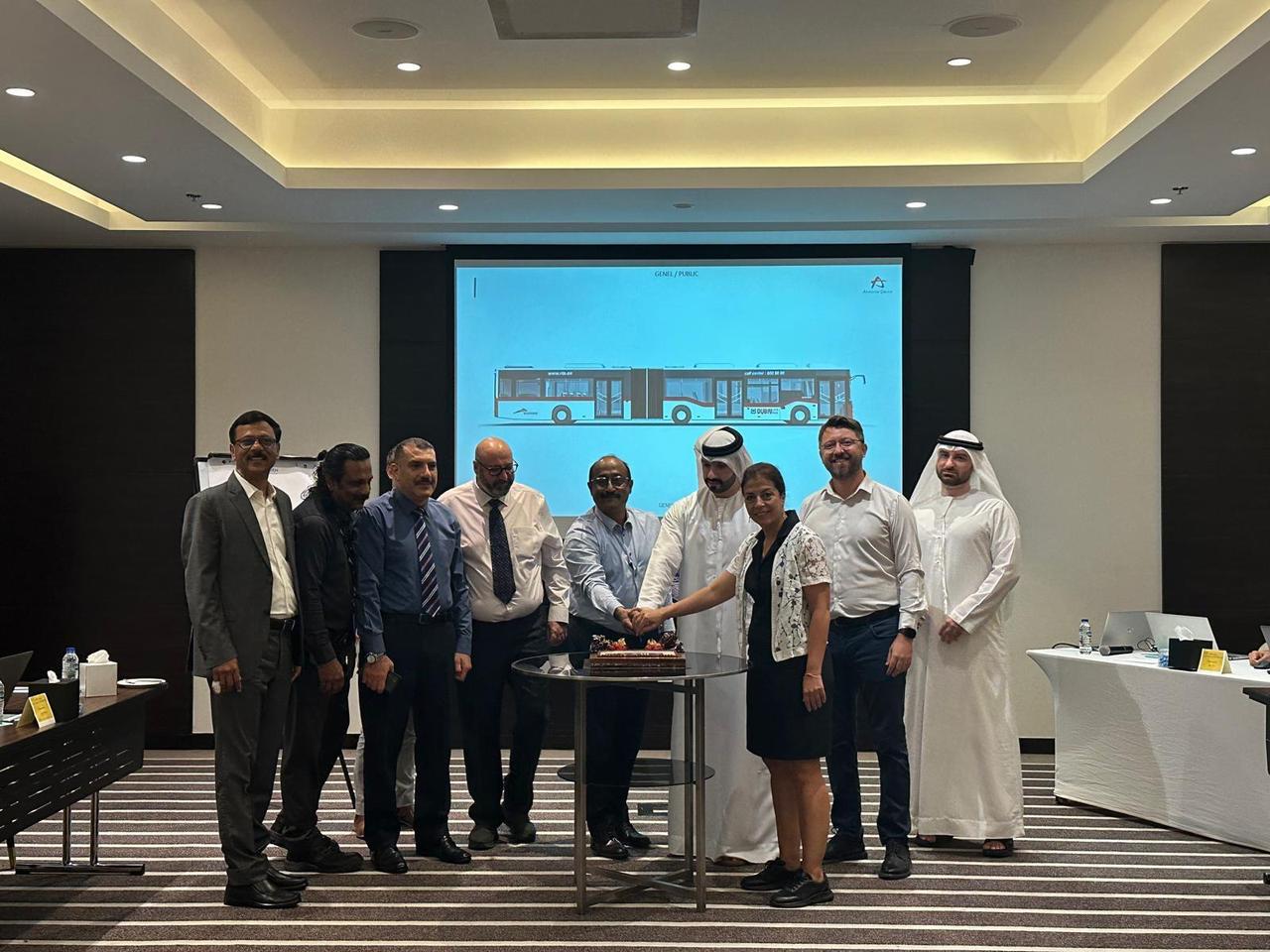 Executives from Anadolu Isuzu and Dubai’s Roads and Transport Authority pose for a photo during the signing ceremony for the 70-bus export deal in Hamburg, Germany, on June 20, 2025. (Phoot via anadoluisuzu.com.tr)