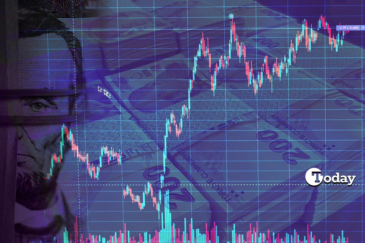 Photo illustration depicts the fluctuation of financial markets overlaid on Turkish lira banknotes and a U.S. dollar portrait, accessed on June 21, 2025. (Collage by Türkiye Today/Mehmet Akbas)