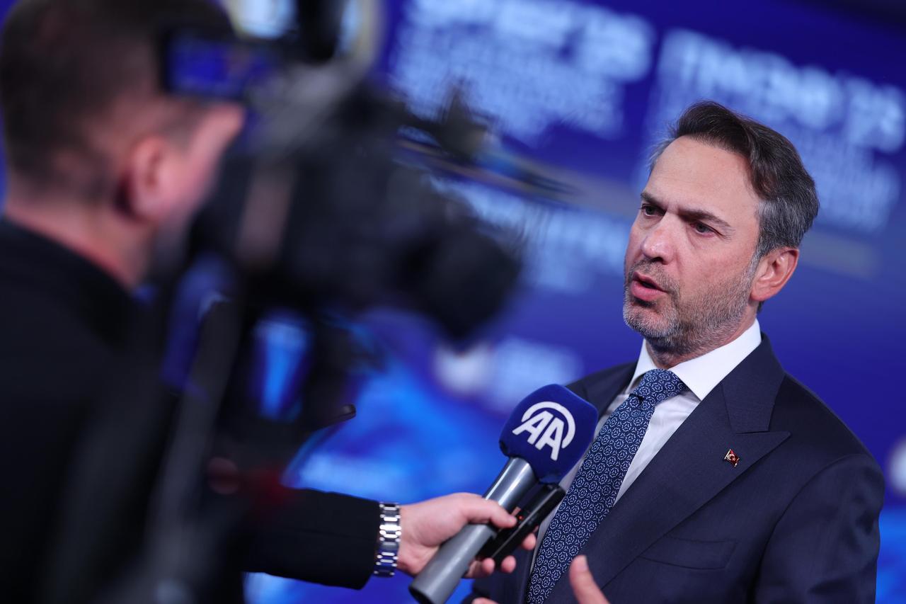 Turkish Energy and Natural Resources Minister Alparslan Bayraktar gives an exclusive interview during his visit to the St. Petersburg International Economic Forum (SPIEF) in St. Petersburg, Russia, on June 20, 2025. (AA Photo)