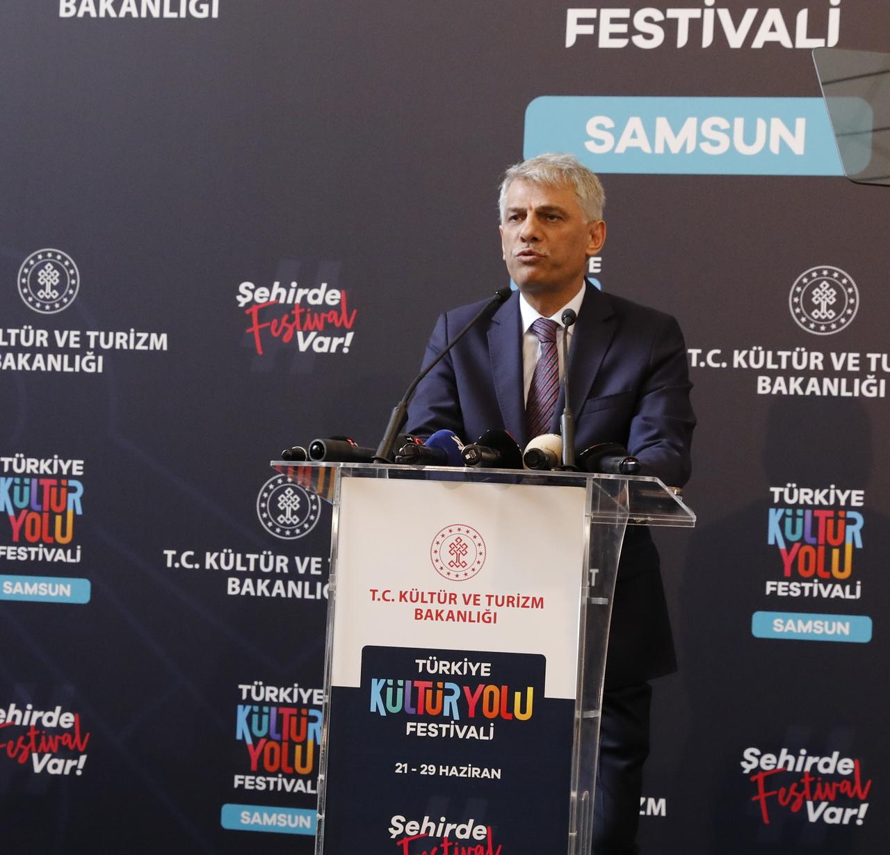 Türkiye's Deputy Minister of Culture and Tourism Nadir Alpaslan delivers a speech at the opening ceremony of the Türkiye Cultural Route Festival in Samsun, Türkiye, on June 21, 2025. (AA Photo)