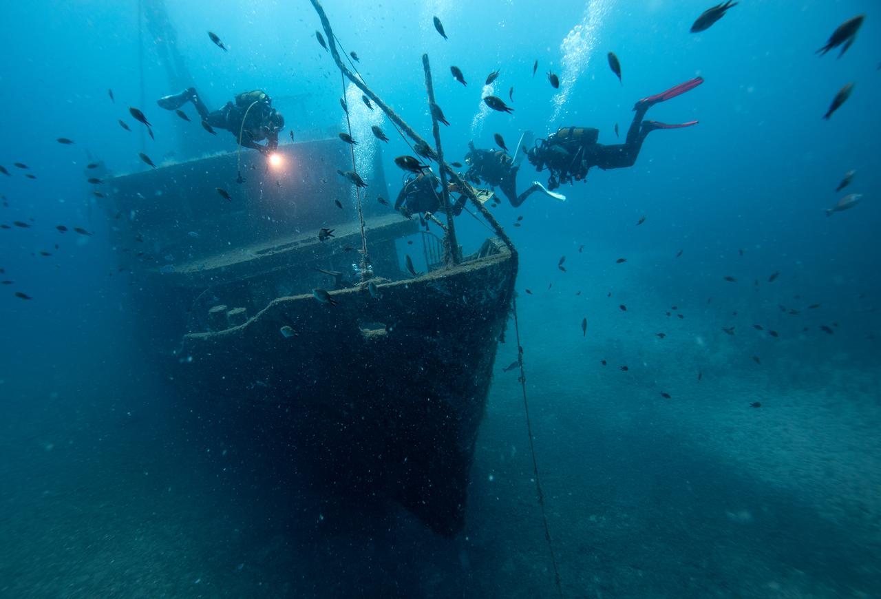 IZMIR, TURKIYE - JUNE 9: Divers swim around the sunken Alaybey Ferry, which was submerged in 2016 to create an artificial reef, during Eid al-Adha holiday dives in the crystal-clear waters off Karaburun district in Izmir, Turkiye, on June 9, 2025. Tourists explored unique coves and rich marine life as part of their underwater excursions. ( Mahmut Serdar Alaku? - Anadolu Agency )