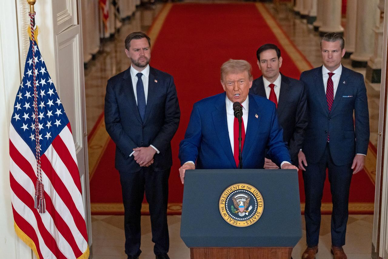 US President Donald Trump addresses the nation, alongside US Vice President JD Vance (L), US Secretary of State Marco Rubio (2nd R) and US Secretary of Defense Pete Hegseth (R), from the White House in Washington, DC on June 21, 2025. (AFP Photo)