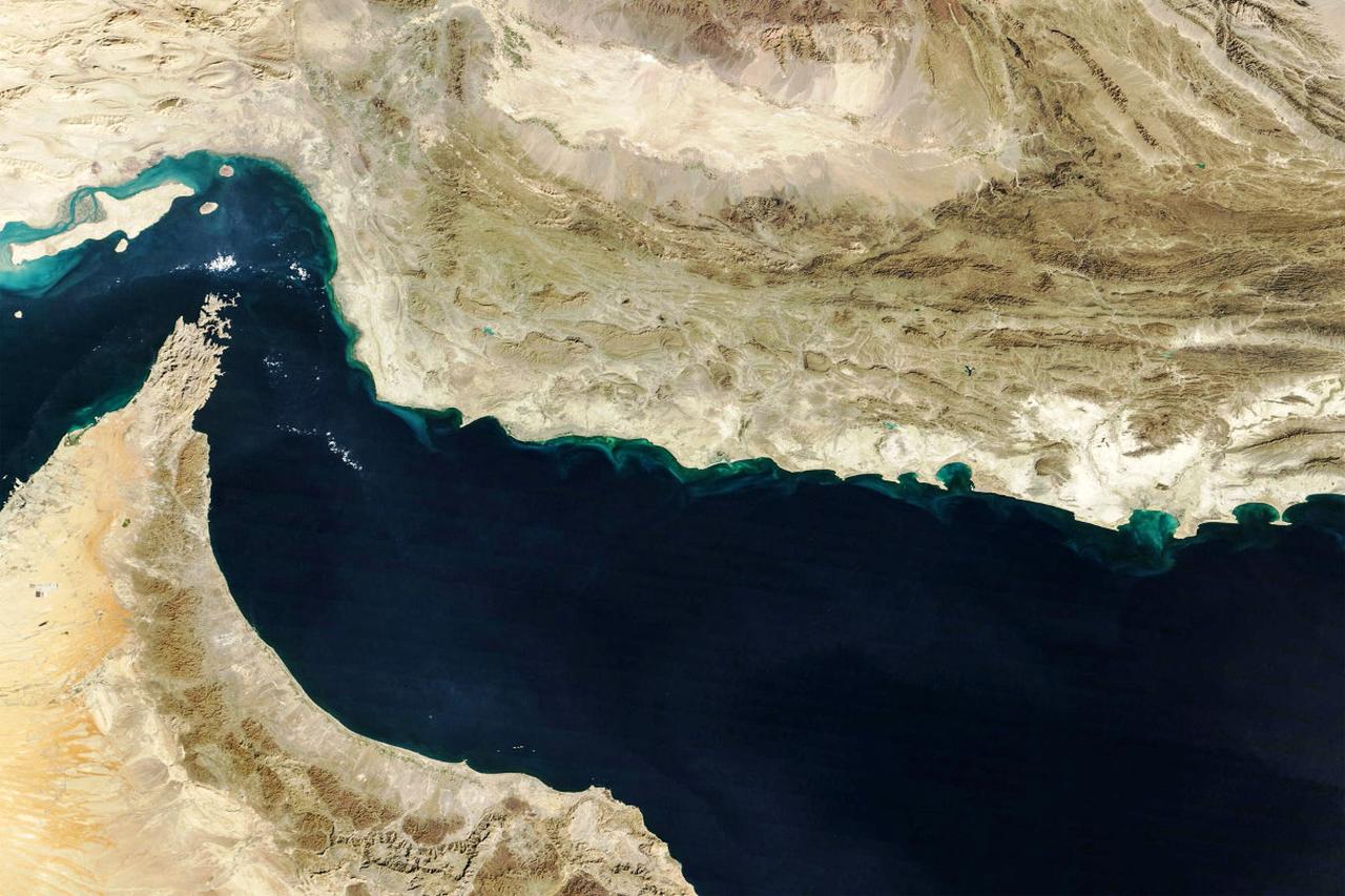This handout natural-colour image acquired with MODIS on NASA?s Terra satellite taken on February 5, 2025 shows the Gulf of Oman and the Makran region (C) in southern Iran and southwestern Pakistan, and the Strait of Hormuz (L) and the northern coast of Oman (bottom).  (AFP Photo)