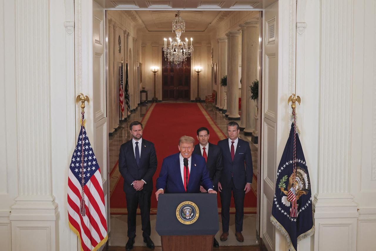 US President Donald Trump addresses the nation, alongside US Vice President JD Vance (L), US Secretary of State Marco Rubio (2nd R) and US Secretary of Defense Pete Hegseth (R), from the White House in Washington, DC on June 21, 2025, following the announcement that the US bombed nuclear sites in Iran. President Donald Trump said June 21, 2025. (AFP Photo)