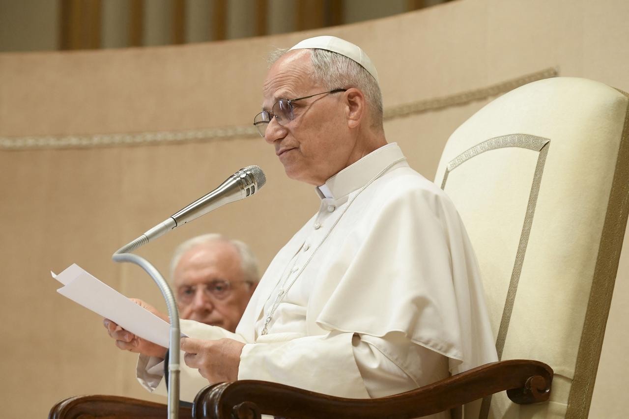 This handout photograph taken and released by The Vatican Media on June 21 2025, shows Pope Leo XIV delivers his speech as he meets with participants in the Jubilee of the Rulers, in The Vatican. (AFP Photo)