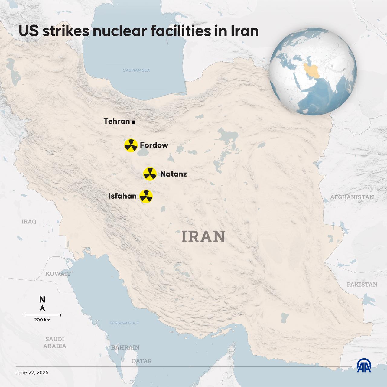 An infographic titled US strikes nuclear facilities in Iran created in Ankara, Türkiye on June 22, 2025. (AA Infographic)