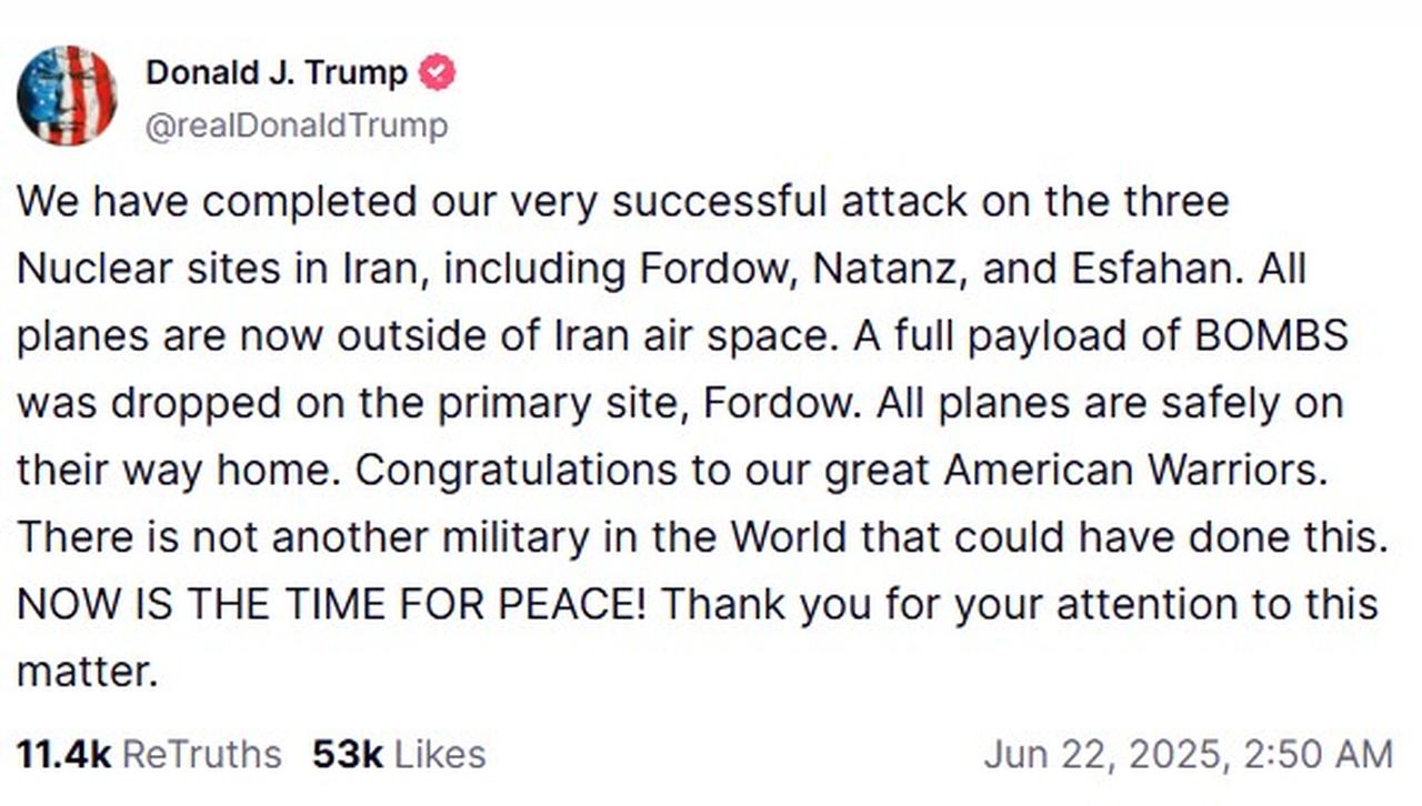 Screengrab shows U.S. President Donald Trump's post on social media platform Truth Social, accessed June 22, 2025. (Photo via Truth Social)